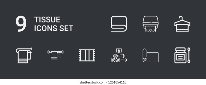 Editable 9 tissue icons for web and mobile. Set of tissue included icons line Antiseptic, Mat, Towels, Towel, Toilet paper on dark background