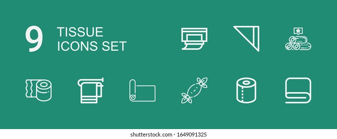 Editable 9 tissue icons for web and mobile. Set of tissue included icons line Towel, Toilet paper, Tissues, Mat, Towels, Napkin, Wipes on green background
