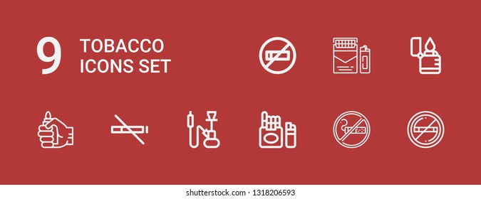 Editable 9 tobacco icons for web and mobile. Set of tobacco included icons line No smoking, Smoking, Cigarette, Hookah, No smoke, Lighter on red background