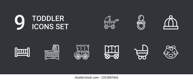 Editable 9 toddler icons for web and mobile. Set of toddler included icons line Baby girl, Stroller, Carriage, Baby crib, Crib, Baby hat, Pacifier on dark background