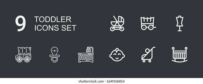 Editable 9 toddler icons for web and mobile. Set of toddler included icons line Crib, Stroller, Baby boy, Baby crib, Pacifier, Carriage, Dummy, Baby carriage on dark background