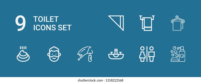 Editable 9 toilet icons for web and mobile. Set of toilet included icons line Cleaning, Restrooms, Sink, Trowel, Man, Poo, Towel, Napkin on blue background