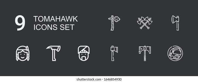 Bearbeitbar 9 Tomahawk Icons für Web und Mobile. Reihe von Tomahawk enthält Symbole der Linie Indische, Ax, Indianeramerikanisch, Äxte auf dunklem Hintergrund