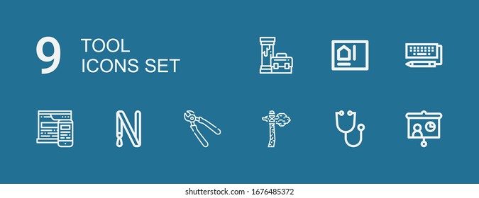 Editable 9 tool icons for web and mobile. Set of tool included icons line Projector, Stethoscope, Axe, Pliers, Key ring, Web design, Keyboard, Blueprint, Pipe on blue background