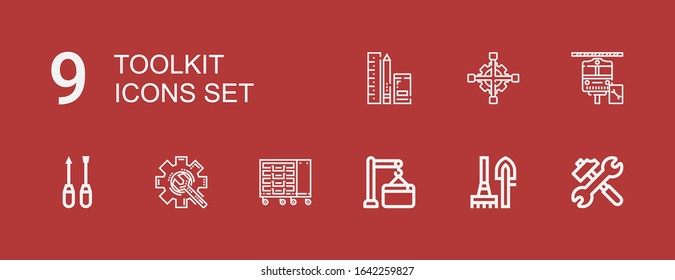 Editable 9 toolkit icons for web and mobile. Set of toolkit included icons line Tools, Maintenance, Tool box, Screwdriver, Cross wrench on red background