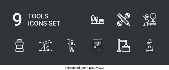 Editable 9 tools icons for web and mobile. Set of tools included icons line Paint tube, Maintenance, Music, Gardener, Mouthwash, Garden, Configuration on dark background