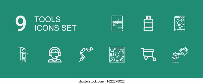 Editable 9 tools icons for web and mobile. Set of tools included icons line Garden, Wheelbarrow, Music, Brace, Support, Gardener, Sketchbook, Mouthwash on green background