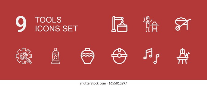Editable 9 tools icons for web and mobile. Set of tools included icons line Easel, Music, Worker, Pottery, Paint tube, Maintenance, Wheelbarrow, Ceramic on red background