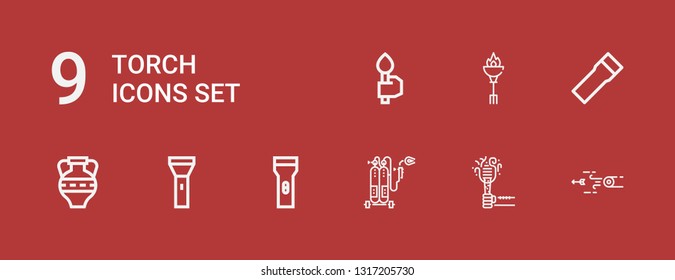 Editable 9 torch icons for web and mobile. Set of torch included icons line Blowpipe, Torch, Welding, Flashlight, Amphora on red background