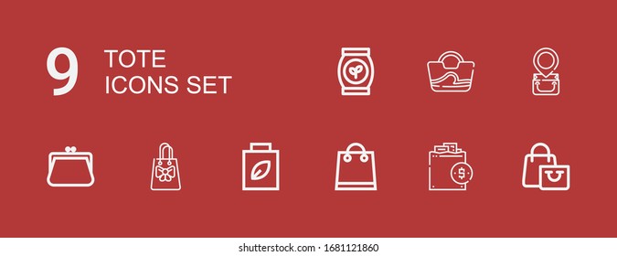 Editable 9 tote icons for web and mobile. Set of tote included icons line Shopping bag, Purse, Bag on red background