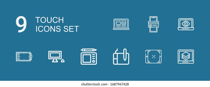 Editable 9 touch icons for web and mobile. Set of touch included icons line Laptop, Tablet, Graphic tablet, Personal computer, Online payment on blue background