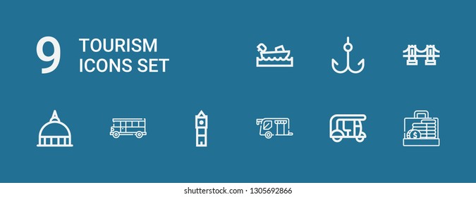 Editable 9 tourism icons for web and mobile. Set of tourism included icons line Suitcase, Tuk tuk, Trailer, Big ben, Bus, Vatican, Brooklyn bridge, Hook, Boating on blue background
