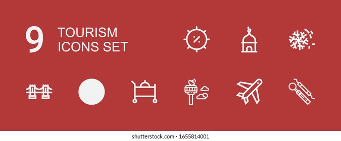 Editable 9 tourism icons for web and mobile. Set of tourism included icons line Hook, Plane, Control tower, Room service, Mountain, Brooklyn bridge, Desert, Tower on red background