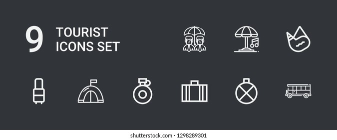 Editable 9 tourist icons for web and mobile. Set of tourist included icons line Bus, Canteen, Suitcase, Tent, Umbrella on dark background