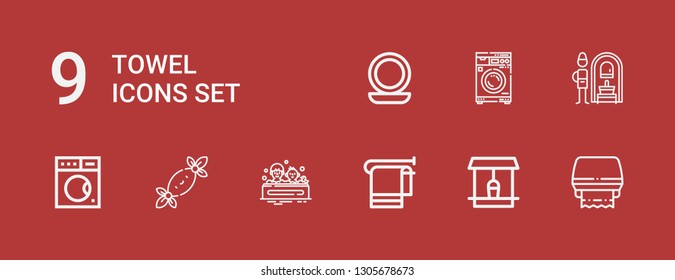 Editable 9 towel icons for web and mobile. Set of towel included icons line Toilet paper, Well, Towel, Bath, Tissues, Washing machine, Russian banya, Mirror on red background