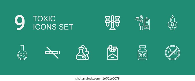 Editable 9 toxic icons for web and mobile. Set of toxic included icons line Smoking, Posion, Cigarette, Flask, No smoke, Skull, Smoker, Test tube on green background