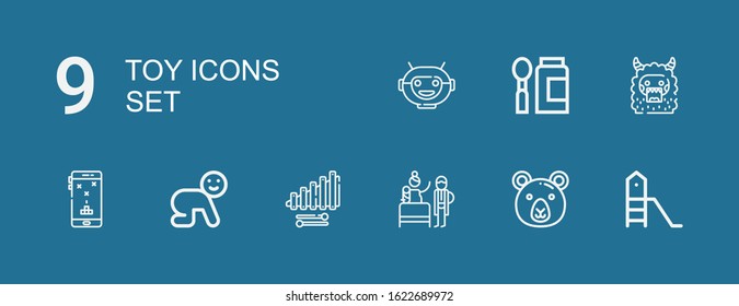 Editable 9 toy icons for web and mobile. Set of toy included icons line Playground, Bear, Birth, Xylophone, Baby, Game, Monster, Baby food, Robot mask on blue background