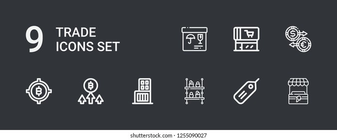 Editable 9 trade icons for web and mobile. Set of trade included icons line Stand, Tag, Shelf, Shopping center, Bitcoin, Exchange, Supermarket, Merchandise on dark background