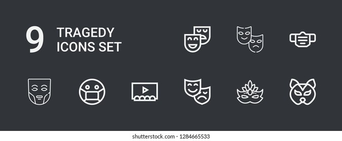 Editable 9 tragedy icons for web and mobile. Set of tragedy included icons line Mask, Theatre, Theater on dark background