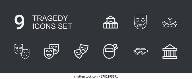 Editable 9 tragedy icons for web and mobile. Set of tragedy included icons line Theater, Mask, Theatre on dark background