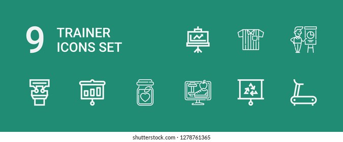 Editable 9 trainer icons for web and mobile. Set of trainer included icons line Treadmill, Presentation, Lifestyle, Nutrition, Referee on green background