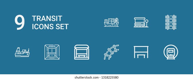 Editable 9 transit icons for web and mobile. Set of transit included icons line Railway, Bus stop, Metro, Cargo ship on blue background