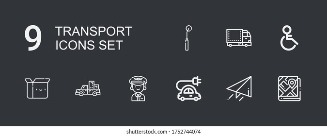 Editable 9 iconos de transporte para web y móvil. El conjunto de transporte incluía iconos de línea Map, Send, Electric Car, Pilot, Pickup truck, Box, Handicap, Truck, Tracing Wheacing on dark Background