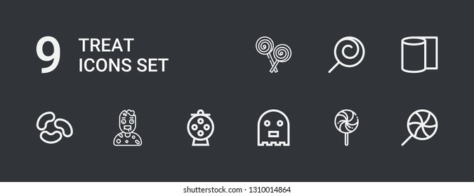 Editable 9 treat icons for web and mobile. Set of treat included icons line Lollipop, Ghost, Candy, Zombie, Jelly beans, Bandages on dark background