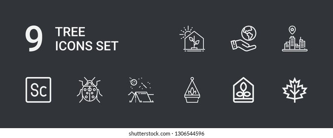 Editable 9 tree icons for web and mobile. Set of tree included icons line Leaf, Greenhouse, Hanging pot, Camping, Ladybug, Scout, Cityscape, Ecologism on dark background