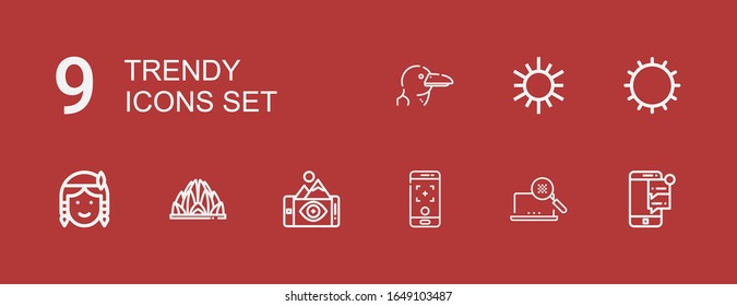 Editable 9 trendy icons for web and mobile. Set of trendy included icons line Smartphone, Pixel, Lotus temple, Native american, Sun, Albatross on red background