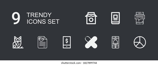 Editable 9 trendy icons for web and mobile. Set of trendy included icons line Pie chart, Smartphone, Patch, Phone, CV, Owl, Online banking, Jam on dark background