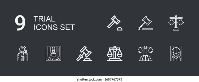 Editable 9 iconos de prueba para web y móvil. El conjunto de juicios incluía íconos como Prisión, Ley, Justicia, Subasta, Prisionero, Juez, Martillo de Subasta sobre fondo oscuro