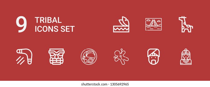 Editable 9 tribal icons for web and mobile. Set of tribal included icons line Native american, Indian, Voodoo, Tiki, Boomerang, Giraffe, Mayan pyramid, Headdress on red background
