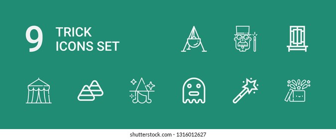 Editable 9 trick icons for web and mobile. Set of trick included icons line Magic, Magic wand, Ghost, Witch, Candy corn, Circus, Trick, Magician, Cauldron on green background