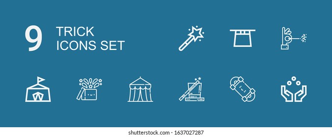 Editable 9 trick icons for web and mobile. Set of trick included icons line Juggling ball, Skateboard, Magic, Circus, Wand, Magic hat, Magic wand on blue background