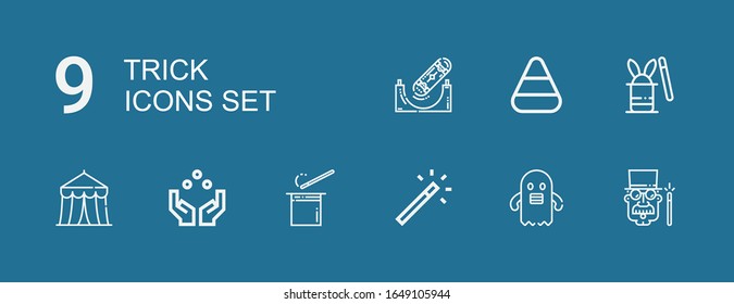 Editable 9 trick icons for web and mobile. Set of trick included icons line Magician, Ghost, Magic wand, Wand, Juggling ball, Circus, Magic hat, Candy corn on blue background