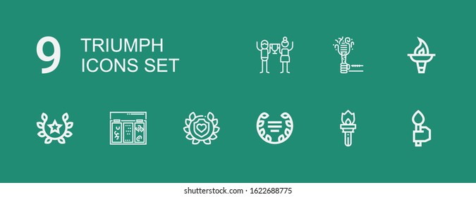 Editable 9 triumph icons for web and mobile. Set of triumph included icons line Torch, Laurel, Topping, Triumph on green background