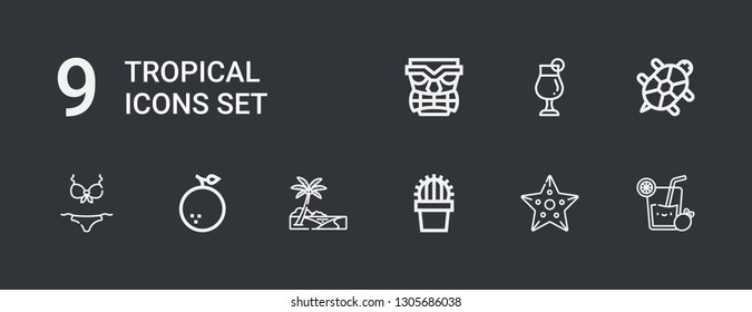 Editable 9 tropical icons for web and mobile. Set of tropical included icons line Lemonade, Starfish, Cactus, Oasis, Orange, Bikini, Tortoise, Cocktail, Tiki on dark background