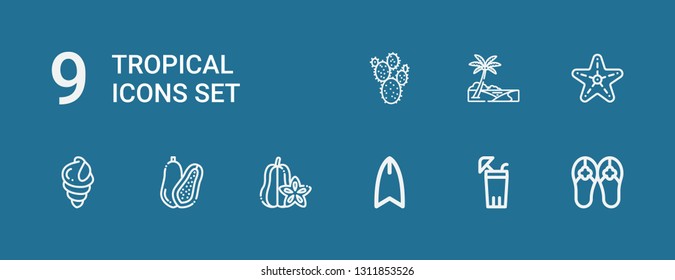 Editable 9 tropical icons for web and mobile. Set of tropical included icons line Sandals, Lemonade, Surfboard, Carambola, Coconut, Seashell, Starfish, Oasis on blue background