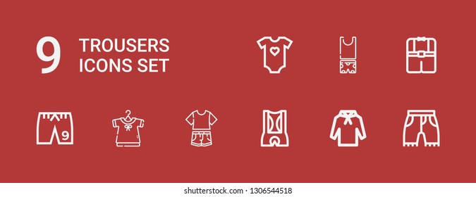 Editable 9 trousers icons for web and mobile. Set of trousers included icons line Shorts, Hoodie, Clothes, Clothing, Baby clothes on red background