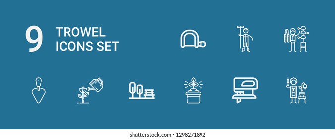 Editable 9 trowel icons for web and mobile. Set of trowel included icons line Gardener, Fretsaw, Gardening, Garden, Trowel, Hacksaw on blue background