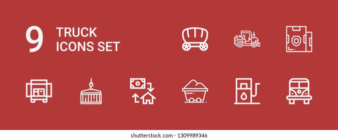 Editable 9 truck icons for web and mobile. Set of truck included icons line Van, Gas station, Coal, Mortgage, Crane, Truck, Parcel, Tractor, Wagon on red background