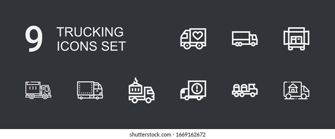 Bearbeitbar 9 LKW-Icons für Web und Mobile. LKW-Satz inklusive Ikonen Linie LKW, LKW, LKW auf dunklem Hintergrund