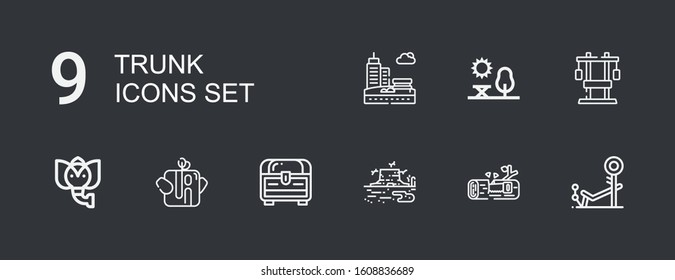 Editable 9 trunk icons for web and mobile. Set of trunk included icons line Bench, Wood, Trunk, Chest, Elephant, Park on dark background