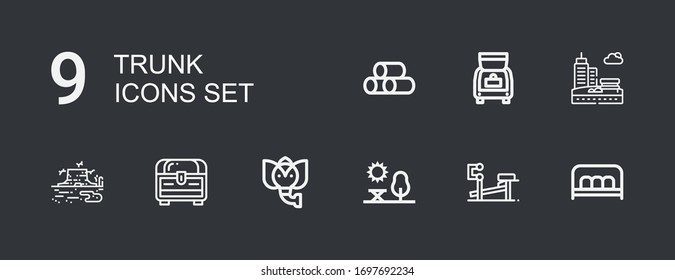 Editable 9 trunk icons for web and mobile. Set of trunk included icons line Bench, Park, Elephant, Chest, Trunk, Wood on dark background