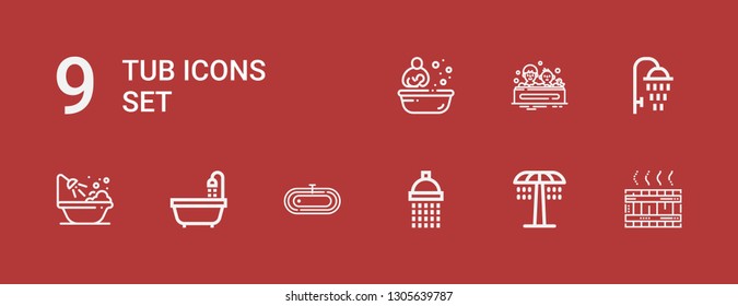 Editable 9 tub icons for web and mobile. Set of tub included icons line Jacuzzi, Shower, Bath, Bathtub on red background