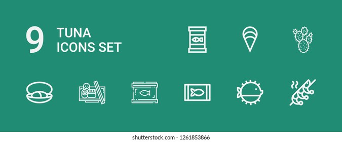 Editable 9 tuna icons for web and mobile. Set of tuna included icons line Shrimp, Puffer fish, Canned food, Sushi, Mussel, Prickly pear, Clam on green background