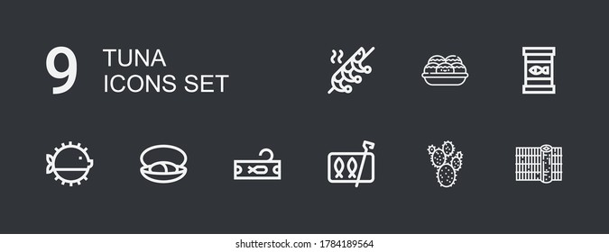 Editable 9 iconos de atún para web y móvil. Conjunto de atún incluido íconos línea Sushi, Perla de Praga, Sardinas, Atún, mejillón, pez de Puffer, comida en lata, Takoyaki, camarón sobre fondo oscuro