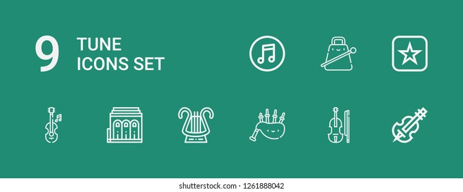 Editable 9 tune icons for web and mobile. Set of tune included icons line Violin, Bagpipes, Lyre, Philharmonic, Itunes, Cowbell on green background