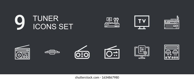 Editable 9 tuner icons for web and mobile. Set of tuner included icons line Control panel, Tv, Radio, Control on dark background